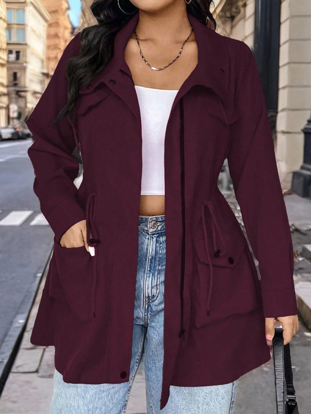 Burgundy Casual Women's Plus Size Hooded Cinched Waist Long Sleeve Jacket